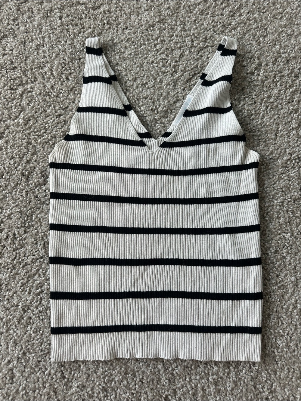 Primark White and Black Striped V-Neck Ribbed Tank